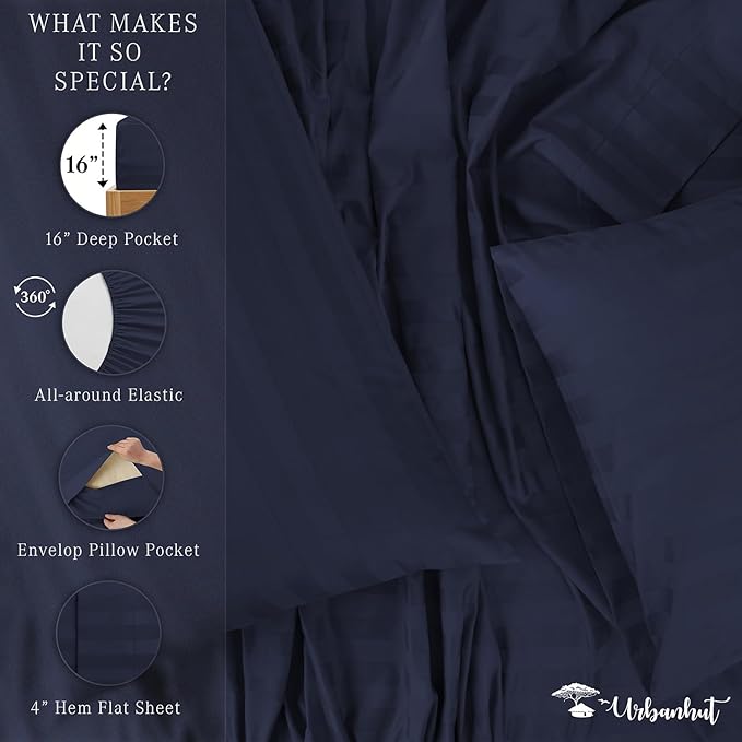 URBANHUT 1000 Thread Count Damask Striped Twin Size Egyptian Cotton Sheets, Long Staple Soft & Breathable, 4 Pc Bed Sheet Sets, Luxury Hotel Sateen Sheets Fits 16" Deep Pocket - Navy Blue