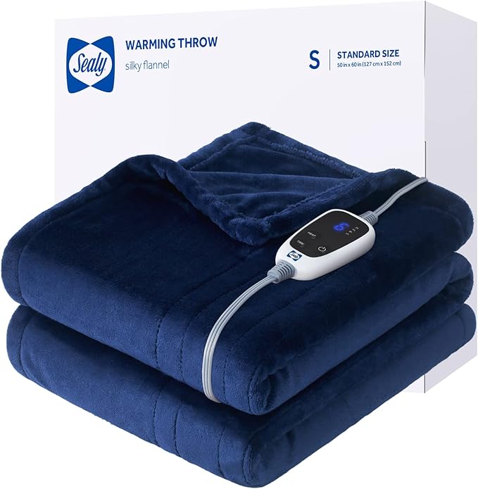 SEALY Electric Blanket Throw, Soft Flannel Heated Blanket with 6 Heat Settings & 2-10 Hours Auto Shut Off, Fast Heating & Machine Washable, 50x60 Inch, Navy