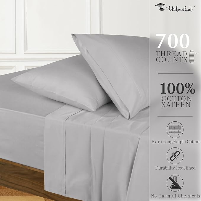 URBANHUT 700 Thread Count Egyptian Cotton Sheets Full Size, 4Pc Sheet Set Soft Luxury Bed Sheets for Full Size Bed, Sateen Weave Hotel Sheets, 14'' Elasticized Deep Pocket - Silver Grey
