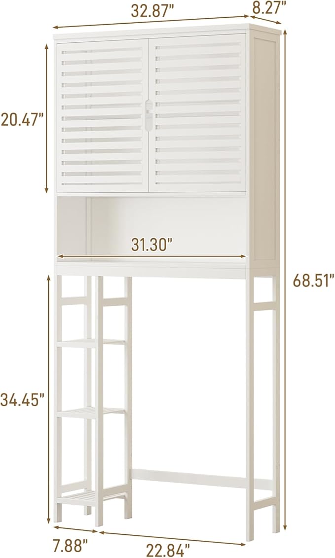 Over The Toilet Storage Cabinet, Bamboo Over Toilet Bathroom Organizer Cabinet with 2 Doors, Freestanding Home Space Save Toilet Rack for Restroom, Bathroom, Laundry, White