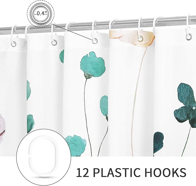 Gibelle Long Shower Curtain 72 x 78, Watercolor Floral Fabric Shower Curtain, Teal Beige Flower Decorative Bathroom Shower Curtain Set with Hooks