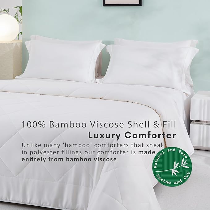 TOSMO Luxury Comforter, 100% Viscose from Bamboo Shell & Fill, Soft Breathable Cooling Silky Duvet Insert, Down Alternative Blanket for Restful Sleep (Queen, All Seasons White)