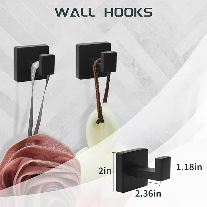Matte Black Bathroom Hardware Set Towel Bar Set Black Bathroom Hardware Accessories Set with Towel Bars, Stainless Steel Wall Mounted Bathroom Towel Rack Set Square
