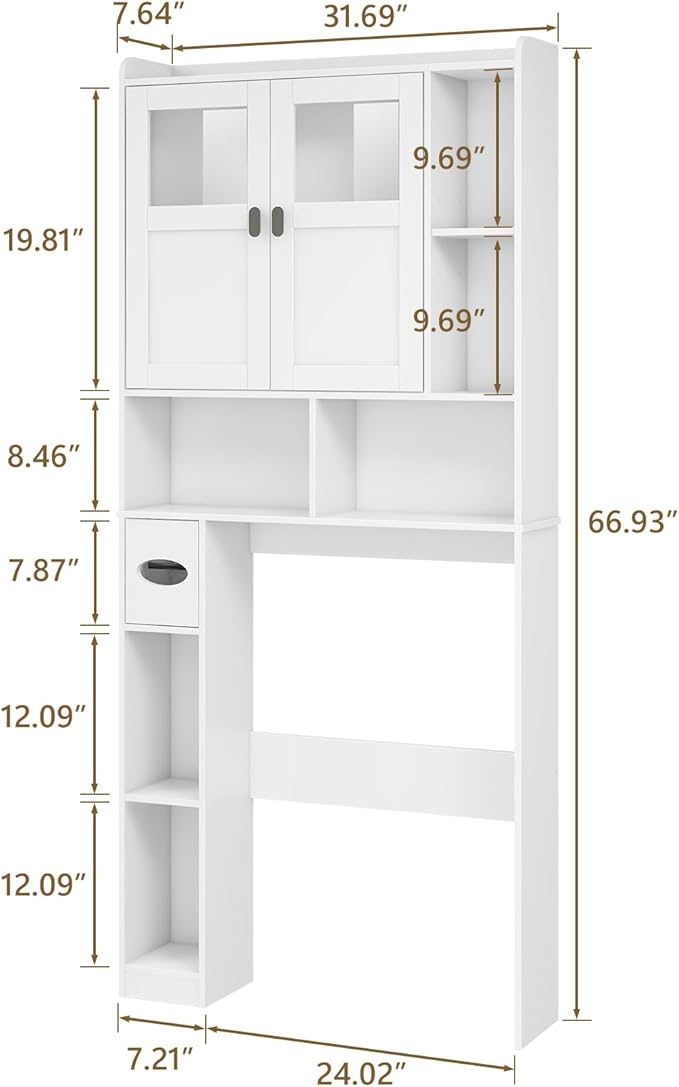 Vabches Over The Toilet Storage Cabinet, Bathroom Shelf Over Toilet with Glass Doors and Adjustable Shelves, White Freestanding Home Space Save Toilet Rack for Restroom, Bathroom, Laundry