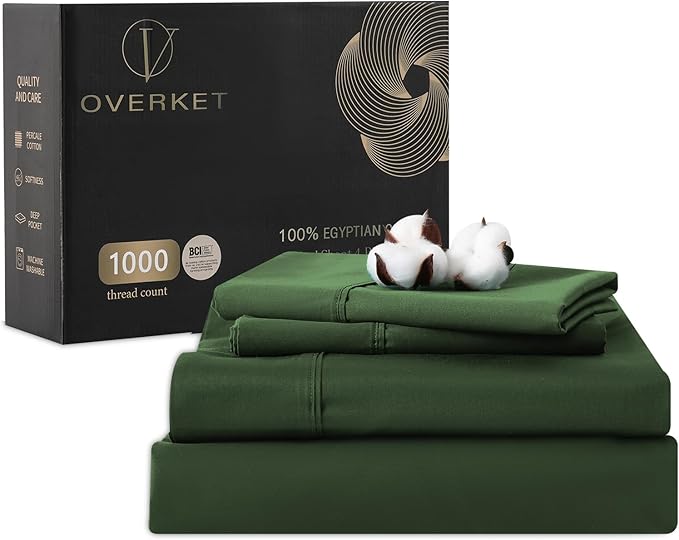 100% Egyptian Cotton Sheets King Size 1000 Thread Count Sateen Weave Soft Breathable 16-Inch Deep Pocket 4PCS（King,Forest Green）