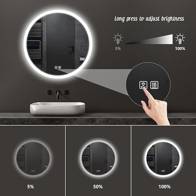 APRILSOUL 28 Inch Round LED Bathroom Vanity Mirror with Front and Backlit, Led Mirror with Anti-Fog, 3 Colors and Dimmable Light