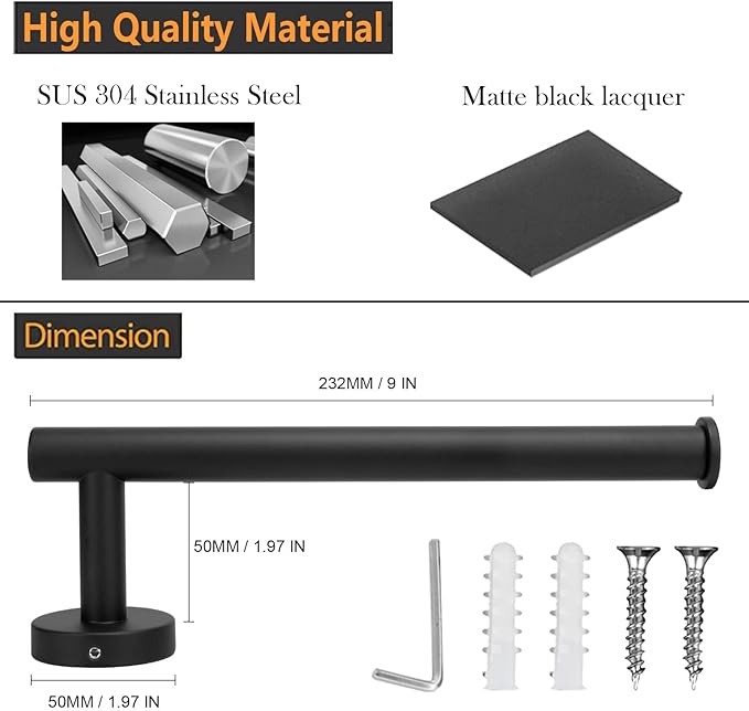 Hand Towel Holder - 9" Modern Design Towel Ring, Thicken SUS 304 Stainless Steel Towel Holder for Bathroom Wall, Contemporary Hand Towel Rack - Matte Black