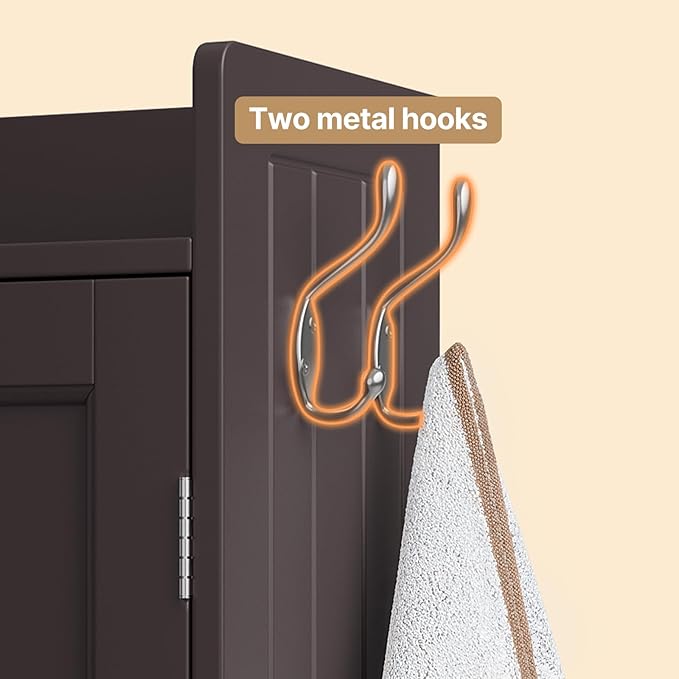 Gizoon Over The Toilet Storage Cabinet, Over Toilet Bathroom Organizer with Adjustable Shelves and 2 Doors, Over Toilet Storage Cabinet with Paper Holder, 2 Side Hooks, Space-Saver, Dark Brown