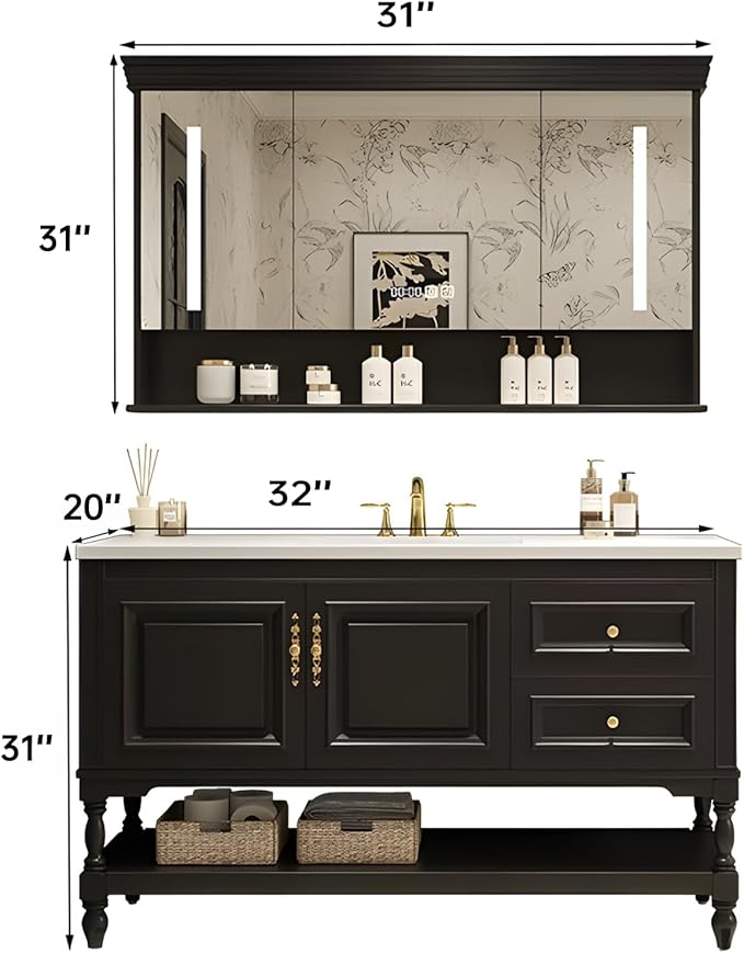 32" Bathroom Vanity with Sink,Freestanding Bathroom Vanity Large Storage Cabinet & Open Mirror Cabinet,2 Soft Closing Doors and 2 Drawers Solid Wood Luxury Bathroom Vanities Set,Black