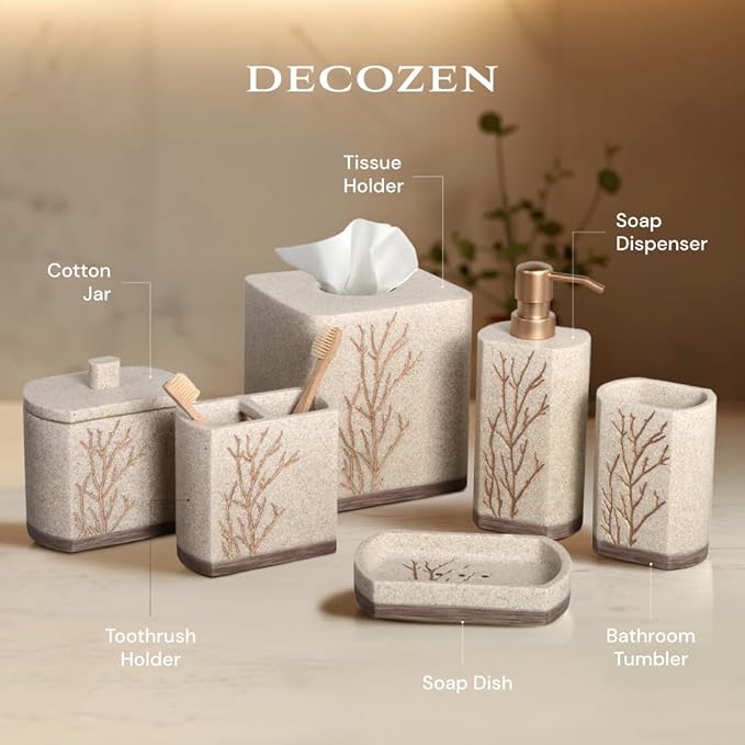 Decozen Bathroom Accessories Set 6Pcs – Soap Dispenser, Toothbrush Holder, Tumbler, Soap Dish & Cotton Swab Jar – Modern Bathroom Decor, Bath Set for Christmas Decor, Kent