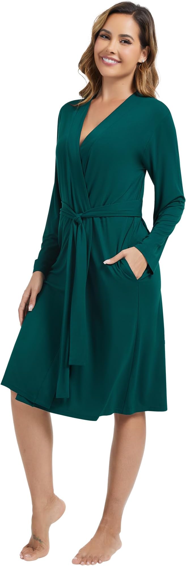 WiWi Women's Robe Long Sleeve Bathrobe with Pockets Soft Kimono Spa Lightweight Robes Bamboo Viscose Loungewear S-XXL