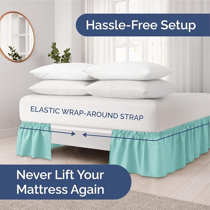 Wrap Around Dust Ruffle Bed Skirt - Spa Blue - for King Size Beds with 21 Inch Drop - Easy Fit Elastic Strap - Adjustable Pleated Bedskirt w/Brushed Fabric Wrinkle Free - for Women, Men, Kids & Teens