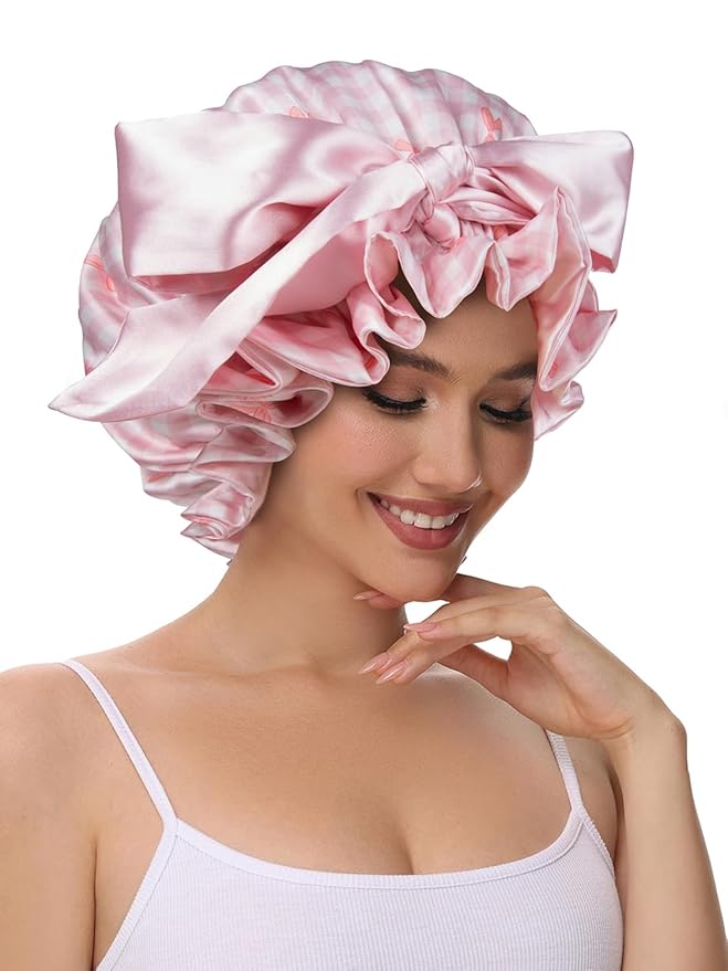 Cute Adjustable Silk Bonnet for Sleeping Double Layer Satin Cap Hair Sleep Bonnet for Curly Hair Pink White Bow