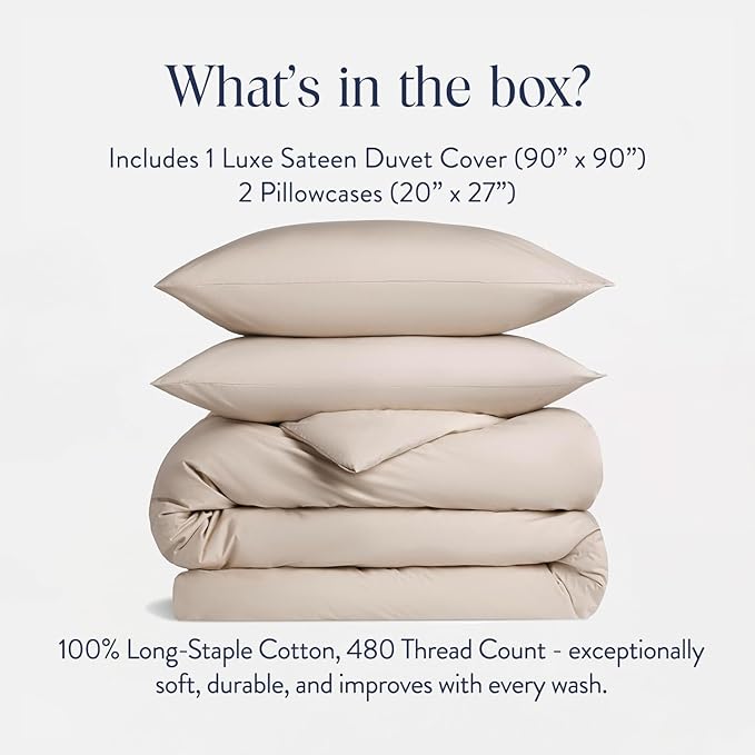 Brooklinen Luxury Sateen Duvet Cover Set - 100% Cotton, Full/Queen Size in Pebble - Includes 1 Duvet Cover and 2 Standard Pillowcases - Best Full/Queen Duvet Covers