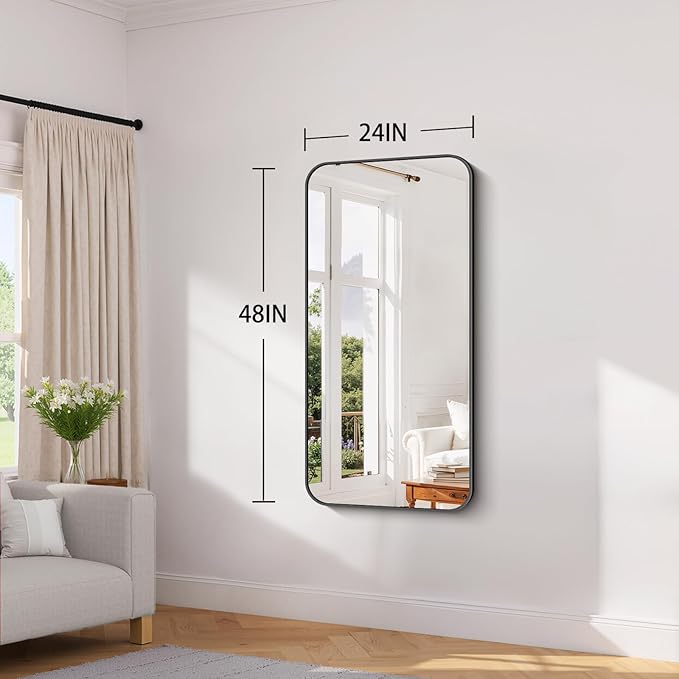 Koonmi Black Framed Bathroom Mirror - 24x48 Inch Shatterproof Tempered Glass Vanity Mirror for Bathroom Sink, Wall Mounted with Matte Aluminum Alloy Frame, No Distortion, Modern Decor