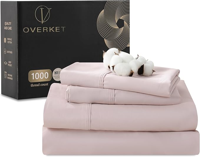 Egyptian Cotton Sheets Full Size 1000 Thread Count Sateen Weave Soft Breathable 16-Inch Deep Pocket 4PCS（Full,Dusty Pink）