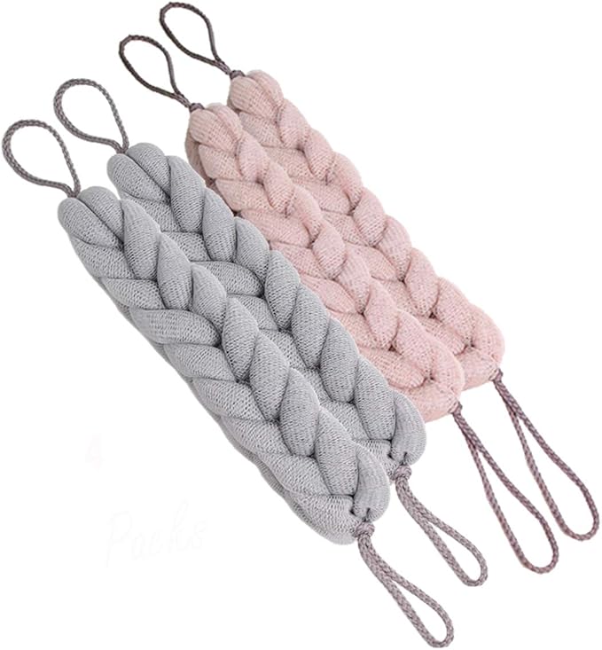 AARainbow 4 Packs Long Stretch Back Sponge with Rope Handles Back Scrubber Bath Shower Mesh Sponge Exfoliating Body Scrub Stretch Braided Loofah for Men and Women (2 Gray+2 Lotus Pink)