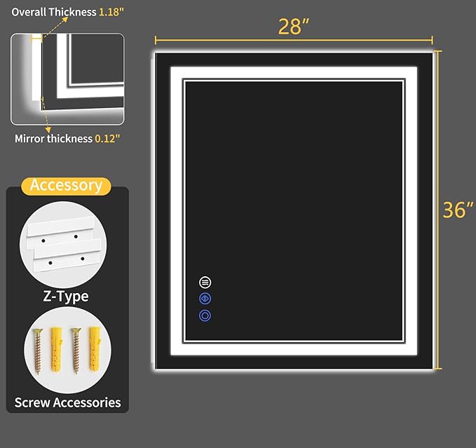 28"x36" LED Bathroom Mirror with Lights, Anti-Fog, Backlit + Front Lit, Dimmable, Led Vanity Mirror for Wall, Lighted Bathroom Mirror, 3 Colors, Shatter-Proof Tempered Glass