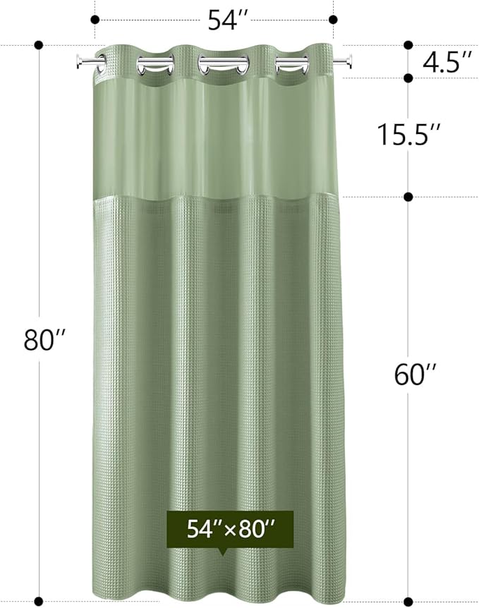 River Dream Sage Green Fabric Shower Curtain Set, Cotton Blend, Waffle Weave, with Snap in Replacement Liner，54 x 80 inches