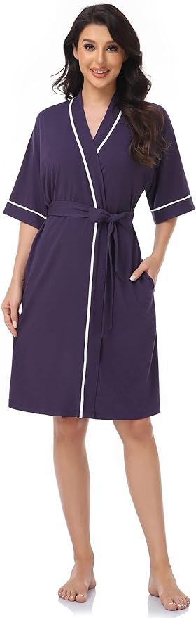 COLORFULLEAF Womens Bamboo Short Robes Lightweight Kimono Cotton Robe Soft Knit Bathrobe Ladies Loungewear with Pockets