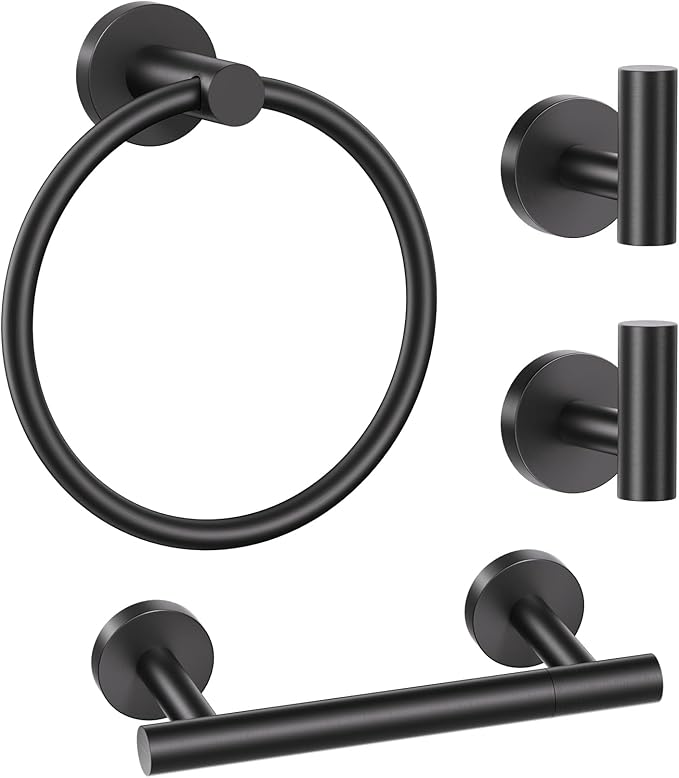 Black Bathroom Hardware Set, 4-Piece Towel Holder Set Include Double Bases Toilet Paper Holder,Towel Ring and 2 Towel Hooks Stainless Steel Wall Mounted Bathroom Hardware Accessories Set