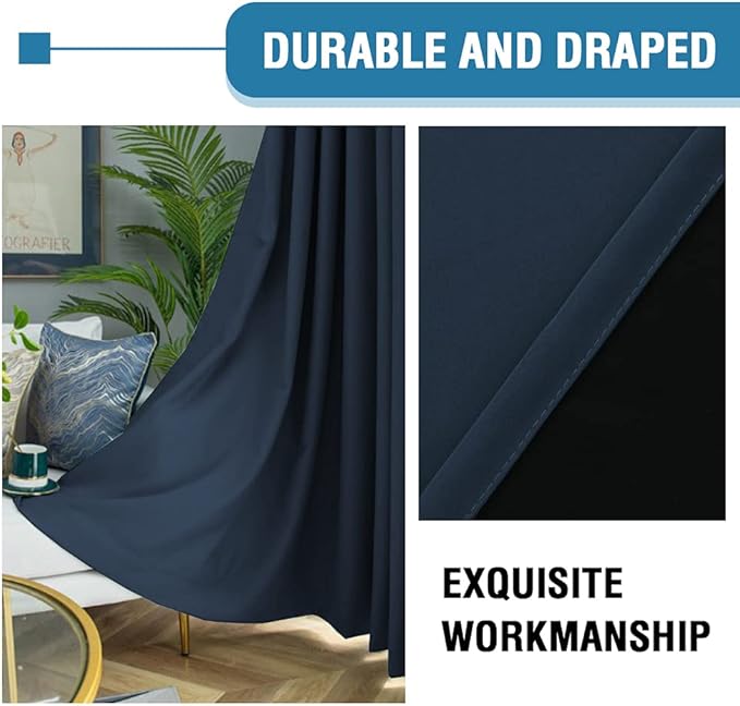 H.VERSAILTEX 100% Blackout Curtains for Bedroom Thermal Insulated Blackout Curtains 108 Inches Long Rod Pocket/Clip Rings Curtains for Living Room with Black Liner 2 Panels, Navy