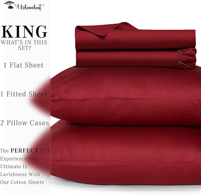 URBANHUT 700 Thread Count Egyptian Cotton King Sheets, 4Pc Sheet Set Soft Luxury Bed Sheets for King Size Bed, Sateen Weave Hotel Sheets, 16'' Elasticized Deep Pocket - Burgundy