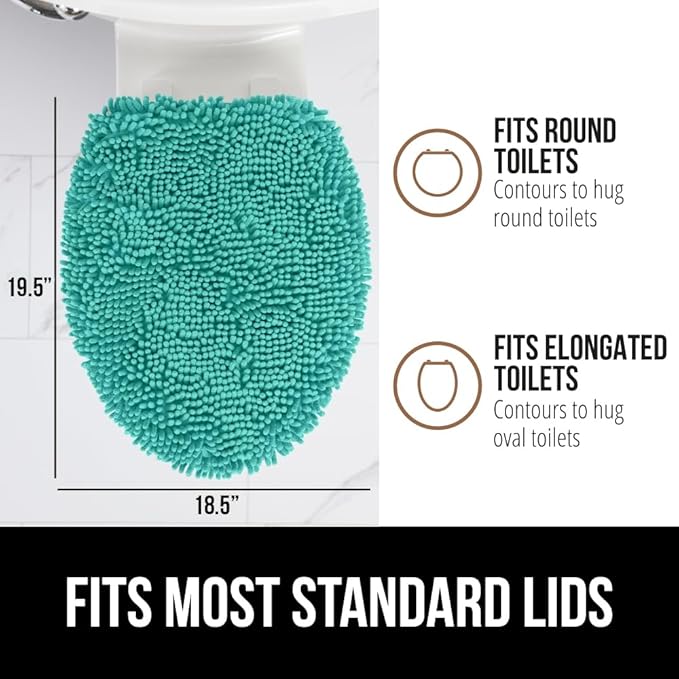 GORILLA GRIP Soft Chenille Bathroom Toilet Lid Cover, Machine Washable Seat Covers, 19.5x18.5, Stays in Place Rubber Backing, Fits Most Round, Elongated and Oblong Lids, Accessories Decor, Turquoise