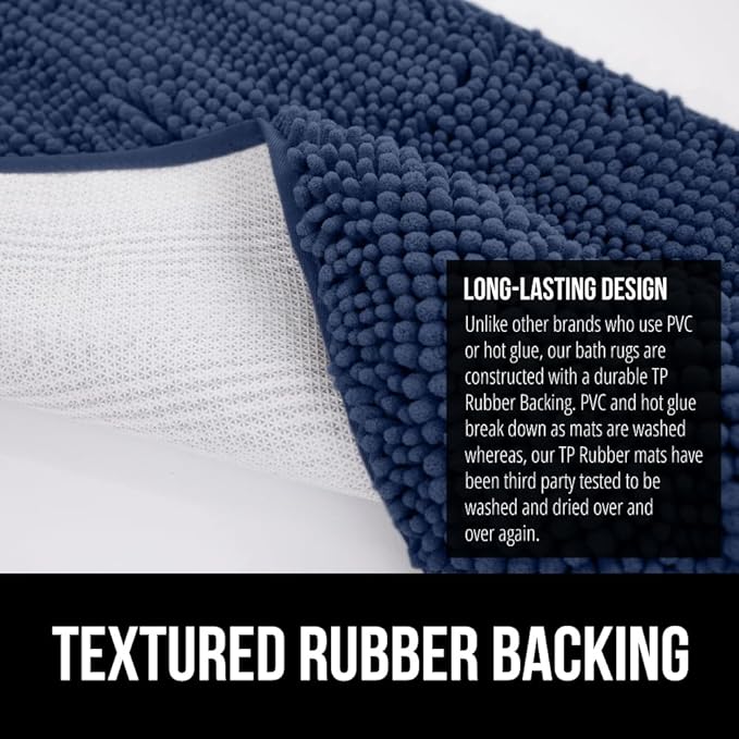 GORILLA GRIP Plush Absorbent Shaggy Chenille Bath Rug Mat for Oval Toilet Base with Rubber Backing, Machine Washable Rugs, Soft Microfiber Contour Mats for Toilets, Bathroom Decor, Navy Blu