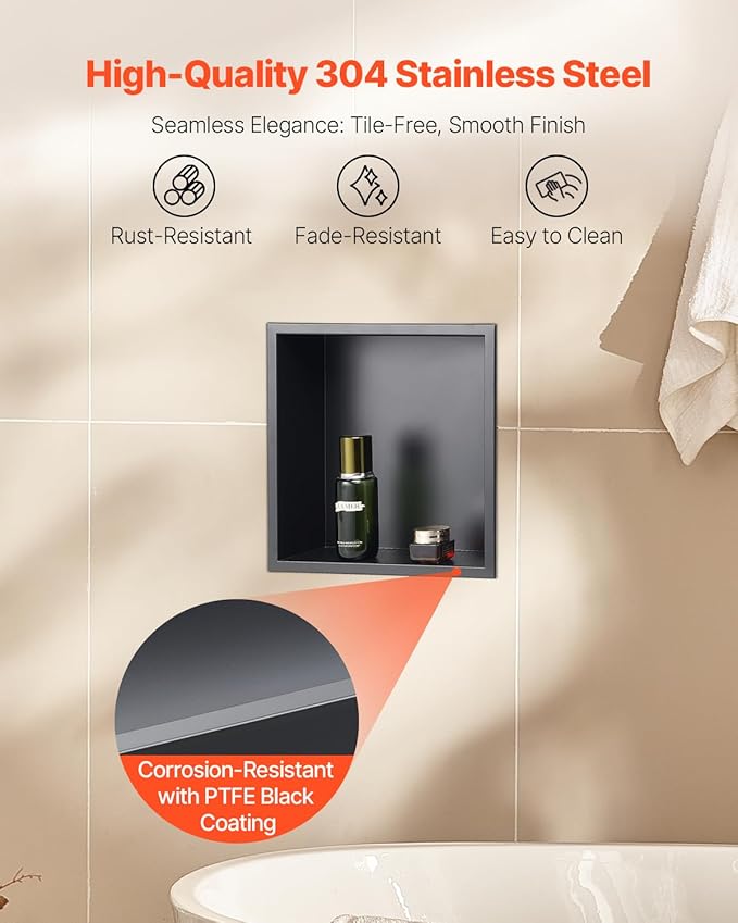 VEVOR Shower Niche, 13 x 13 x 4 inch Recessed Wall Niche, Heavy-duty Stainless Steel Modern Soap & Shampoo Storage Organizer, Sealed Waterproof, Durable & Easy to Install,Black for Bathroom