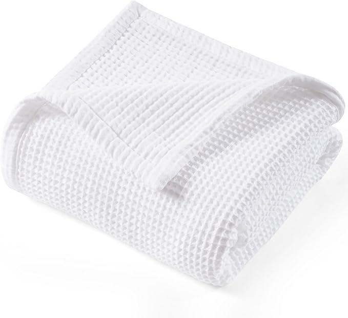 PHF 100% Cotton Waffle & Muslin Throw Blanket Large, Soft Breathable Luxury 400GSM Versatile Reversible Bedding for Couch, Great for Layering in Cold Weather, Home Decor Gift, 50" x 70", White