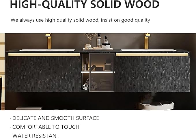 76" Double Bathroom Sink Vanity, Modern Bathroom Vanity Includes LED Smart Defogging Mirror Cabinet & Semi-Open Storage & Ceramic Basin, Floating Bathroom Cabinet with Sensor Light (Dark Brown)