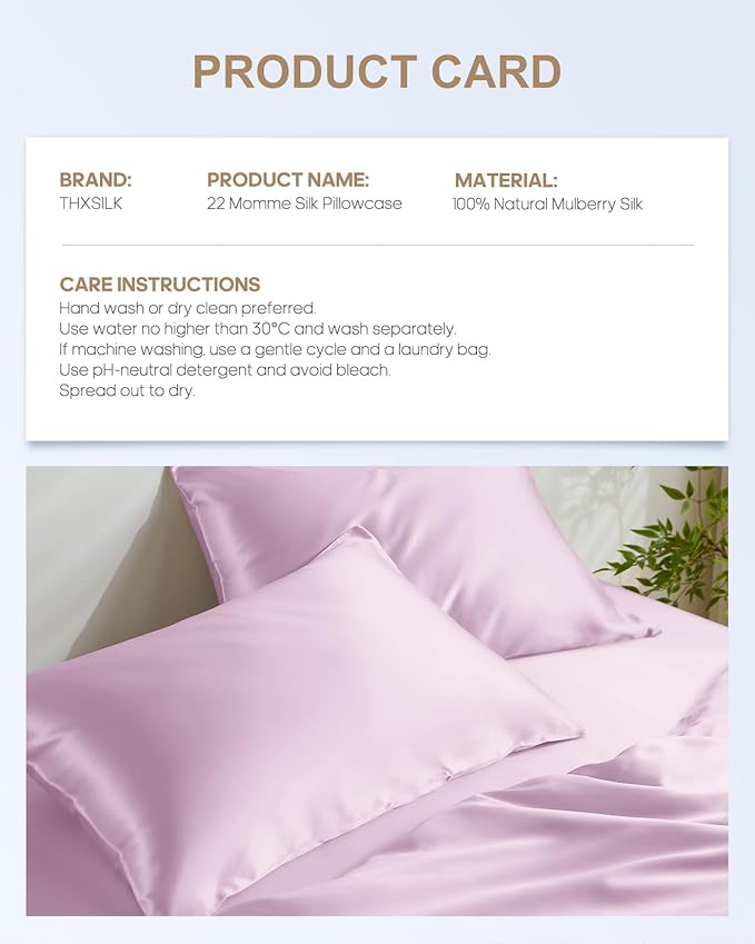 THXSILK 100% Mulberry Silk Pillowcase for Hair and Skin, 22 Momme Grade 6A+ Mulberry Silk Pillow Case, Natural Silk Pillow Case Cover with Zipper, 1pc(California King Size 20"x40", Light Purple)
