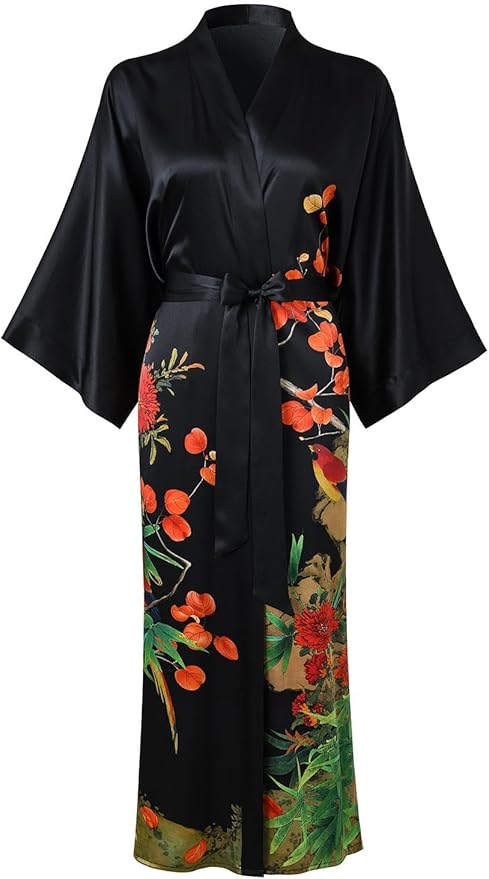 Women's Silk Kimono Robe Long Bathrobe Nightgown 100% Mulberry Silk for Women - Classic Floral Pattern