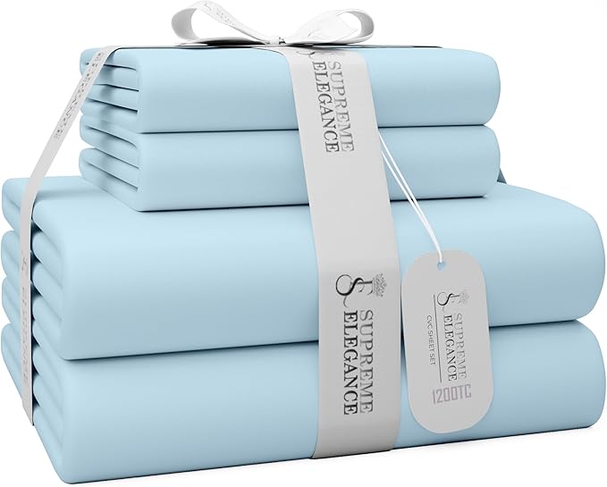 1200 Thread Count Queen Size Sheets Set Bluish Gray, Ultra Soft Cotton Rich Easy Care Sateen Bed Sheet, Moisture Wicking Deep Pocket Sheets (1 Flat Sheet 1 Fitted Sheet & 2 Pillowcases)