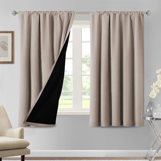 H.VERSAILTEX 100% Blackout Curtains for Bedroom Thermal Insulated Blackout Curtains 63 Inches Long Rod Pocket Window Drapes for Living Room with Black Liner 2 Panels Set, Natural Sand