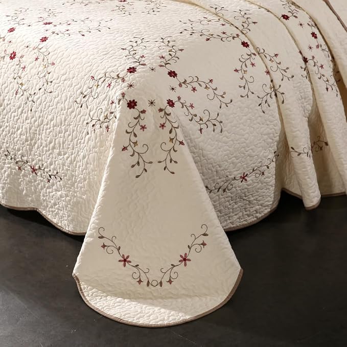 Quilt Set Floral Leaves 3D Embroidery Pattern 2 PCS Cotton Reversible Quilted Embroidered Decorative Bedspreads Coverlet Set, Lightweight &Soft Queen Size Beige Bedding Coverlet for All Season