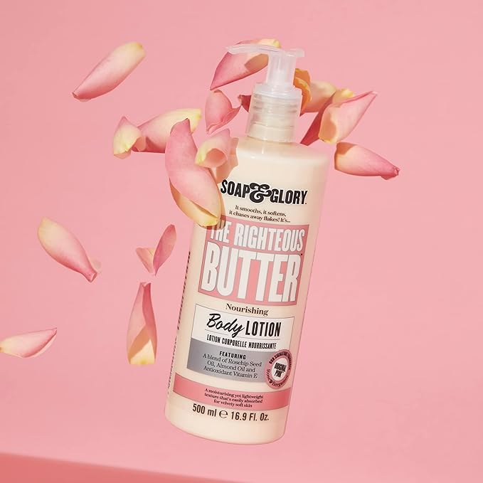 Soap & Glory Original Pink The Righteous Butter Moisturizing Body Lotion Pump - Shea Butter, Vitamin E & Aloe Vera Vegan Body Moisturizer - Rose & Bergamot Scented Lotion (500ml) (Pack of 2)