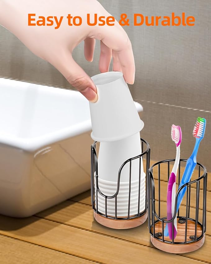 2PCS Rural Style Bathroom Cup Dispenser, Small Disposable Paper Cup Holder, 3oz Disposable Mouthwash Cup Storage Rack, Iron Bathroom Organizer