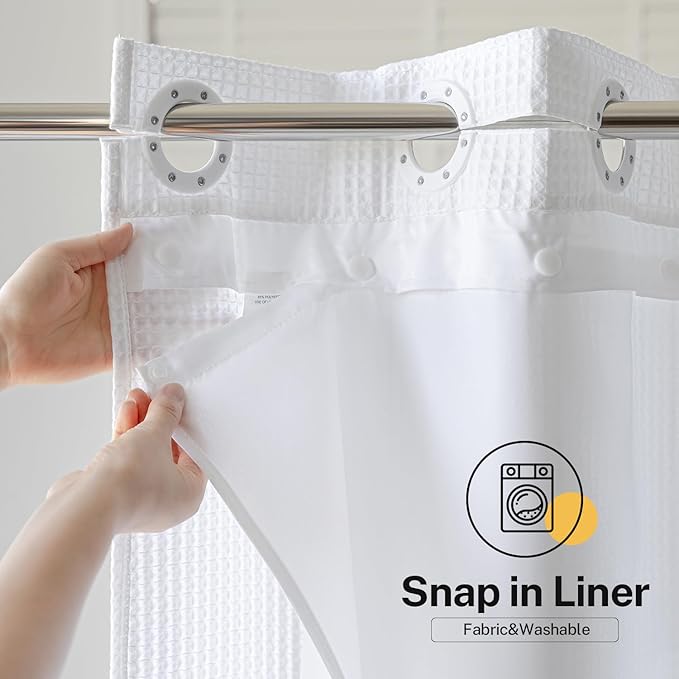 River Dream Waffle No Hooks Shower Curtain with Snap in Liner,Cotton Blend Fabric Shower Curtain for Bathroom,Hotel Quality,White,71 Wx 74 L