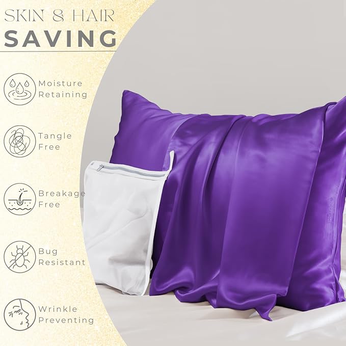 PROMEED 100% Mulberry Silk Pillowcase Set of 2, Both Sides Natural Silk Pillow Case 2 Pack Cooling Pillow Cases for Hot Sleepers, Hidden Zipper Closure (Queen 20"x30", Purple)
