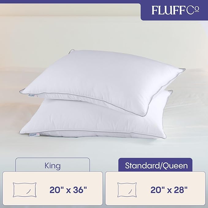 FluffCo Down Alternative Pillows Standard/Queen Size Set of 2 - Queen Bed Pillows for Sleeping - Made in USA - Cooling Surface and Machine Washable for Side, Back, and Stomach Sleepers - Gift for Home