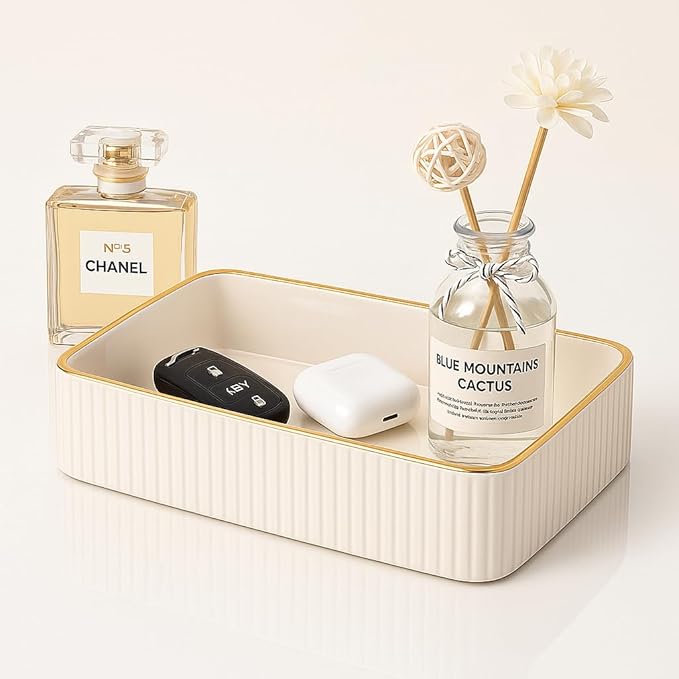 Leather Desk Organizer Tray - Decorative Vanity Perfume Tray & Jewelry Holder, Key Bowl for Entryway, Nightstand Organizer with Handles for Women and Men