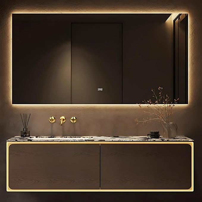 58IN Bathroom Vanity Set with a Single Sink - Embedded Sensor Light Strip & Large Capacity Floating Cabinet | Modern Bathroom Vanities with Defogging Mirror Surface & LED Lighting (Mirror)