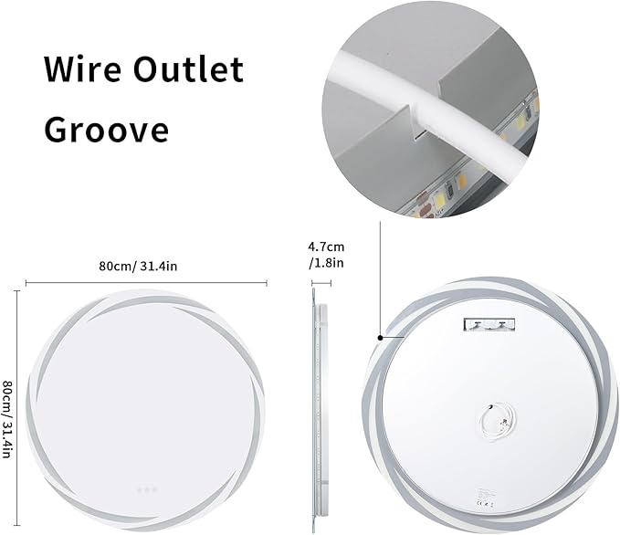 LUVODI Round LED Bathroom Mirror: 32” Circle Wall Mounted Large Lighted Makeup Mirror with 3 Color Bright Backlit - Smart Anti Fog Dimmable Vanity Mirror with Touch Switch for Restroom Toilet Hallway
