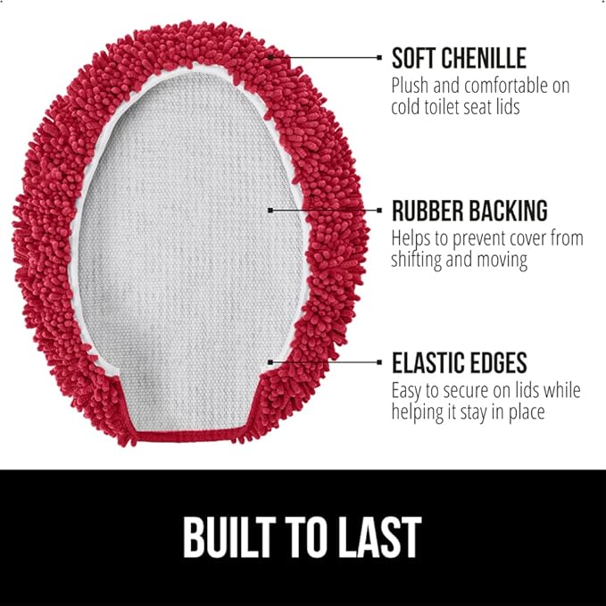 GORILLA GRIP Soft Chenille Bathroom Toilet Lid Cover, Machine Washable Seat Covers, 19.5x18.5, Stays in Place Rubber Backing, Fits Most Round, Elongated and Oblong Lids, Accessories Decor, Red