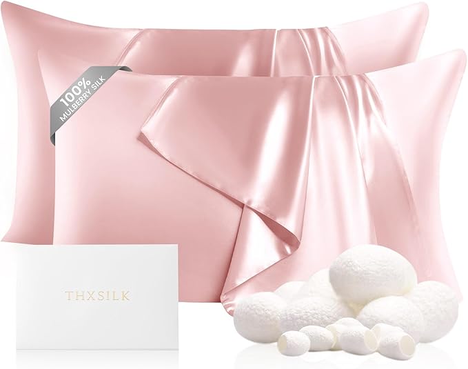 THXSILK Set of 2 Mulberry Silk Zipper Pillow Cases - Highest Grade 6A+ 100% Pure Mulberry Real Silk Pillowcases, 22 Momme Both Sides for Hair and Skin - 2pcs (Light Pink, Queen Size 20"x30")