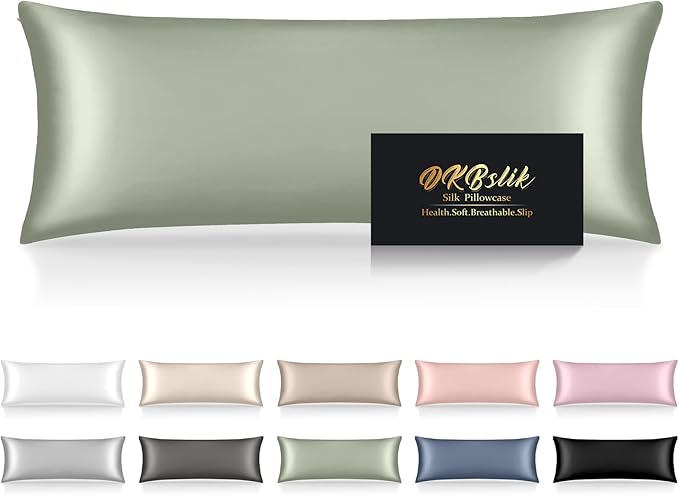 Silk Body Pillow Cases, Mulberry Silk Body Pillow Cover with Zipper, Smooth, Anti Acne, Cooling Sleep Both Sides Natural Silk Satin 20x54 Body Pillowcase, Gifts for Women Men, Sage Green
