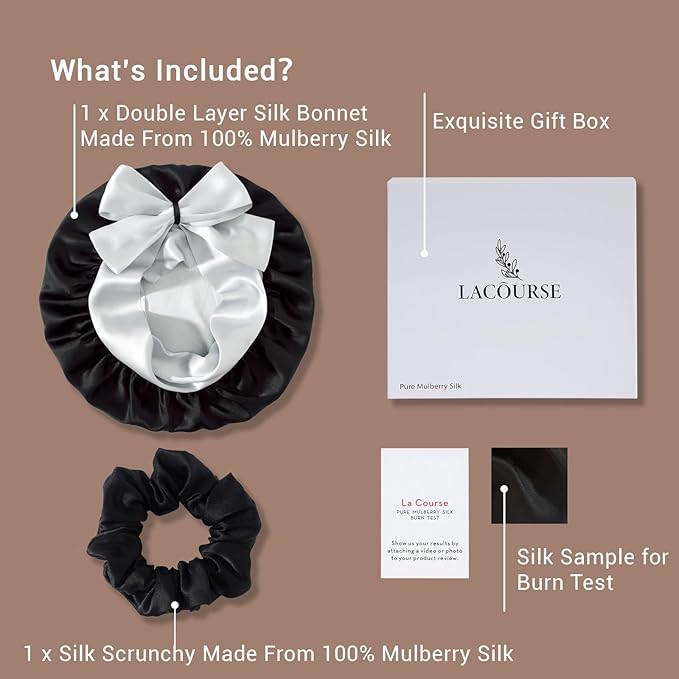 Non-Slip 100% Mulberry Silk Bonnet for Sleeping Women - Double Layer Silk Hair Wrap for Curly Hair, with Tie Bands to Secure the Cap (Black+Silver)