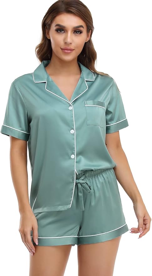 Women's Satin Pajama Set 2-Piece Sleepwear Loungewear Button Down Short Sleeve Silky PJ Set